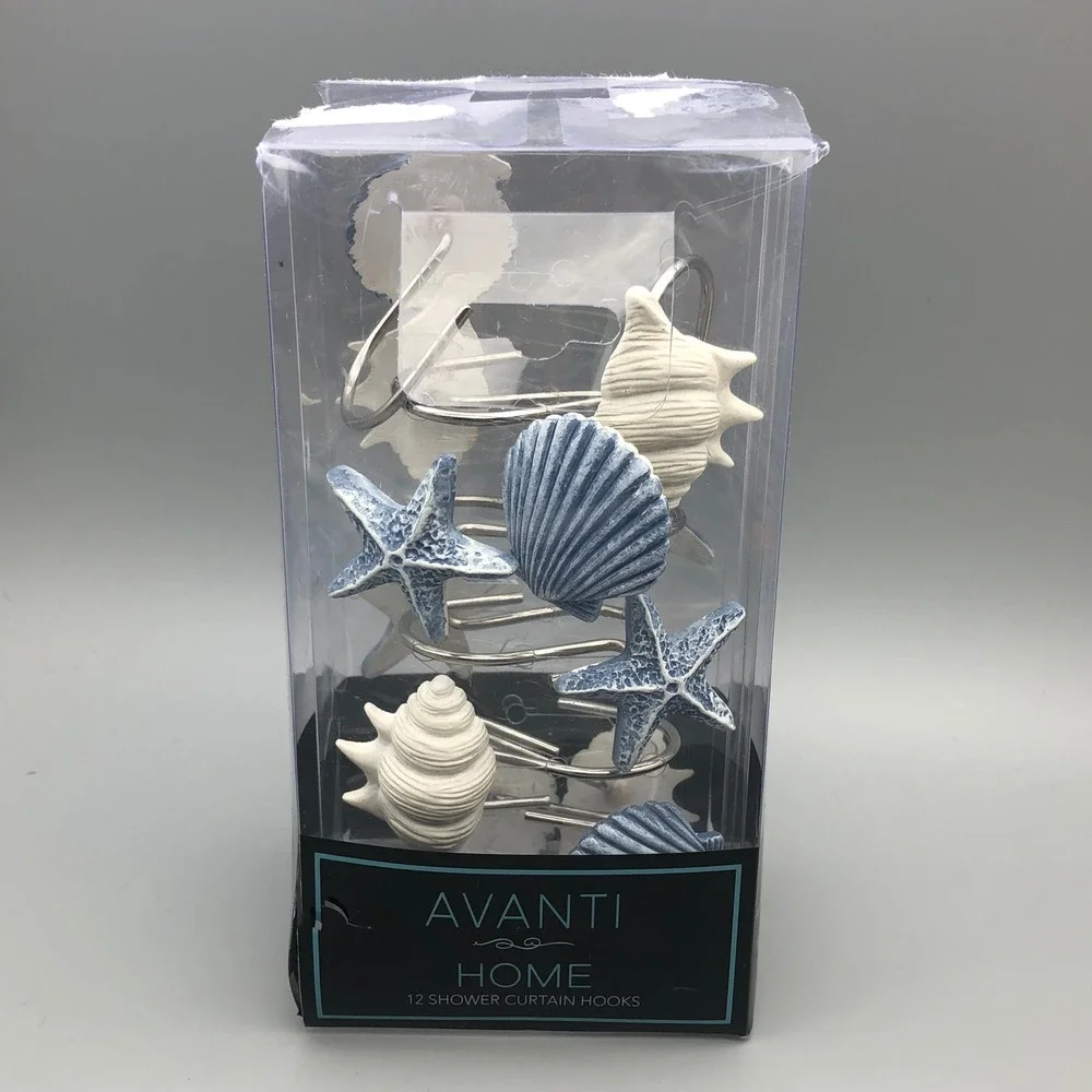 Avanti Home Abstract Coastal Shower Curtain Hooks Set of 12 Blue White‎ Beach
